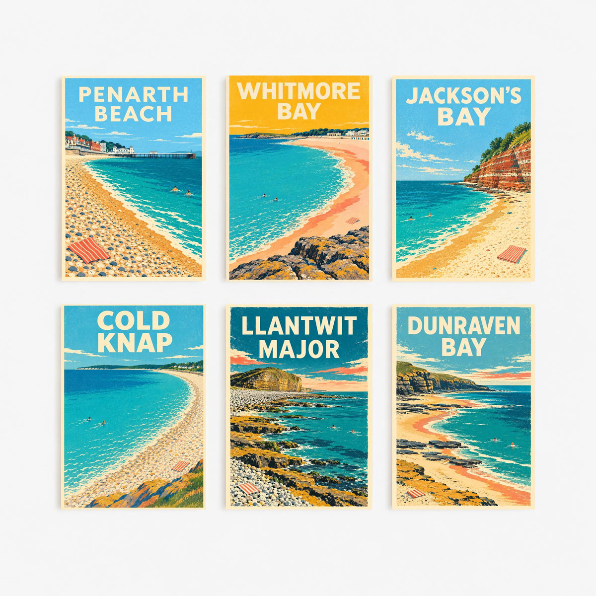 Set of Six Vale of Glamorgan Beach Art Prints - 6 Dappled Blue Retro Poster Illustrations - Penarth, Barry Island, Cold Knap, Llantwit