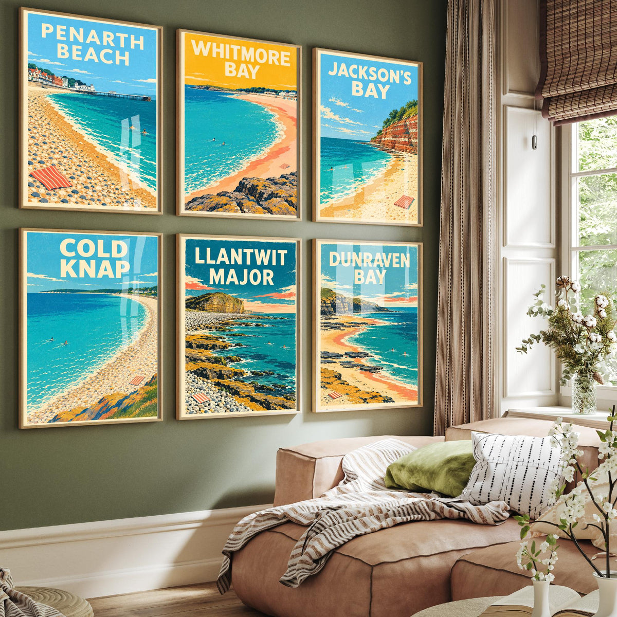 Set of Six Vale of Glamorgan Beach Art Prints - 6 Dappled Blue Retro Poster Illustrations - Penarth, Barry Island, Cold Knap, Llantwit