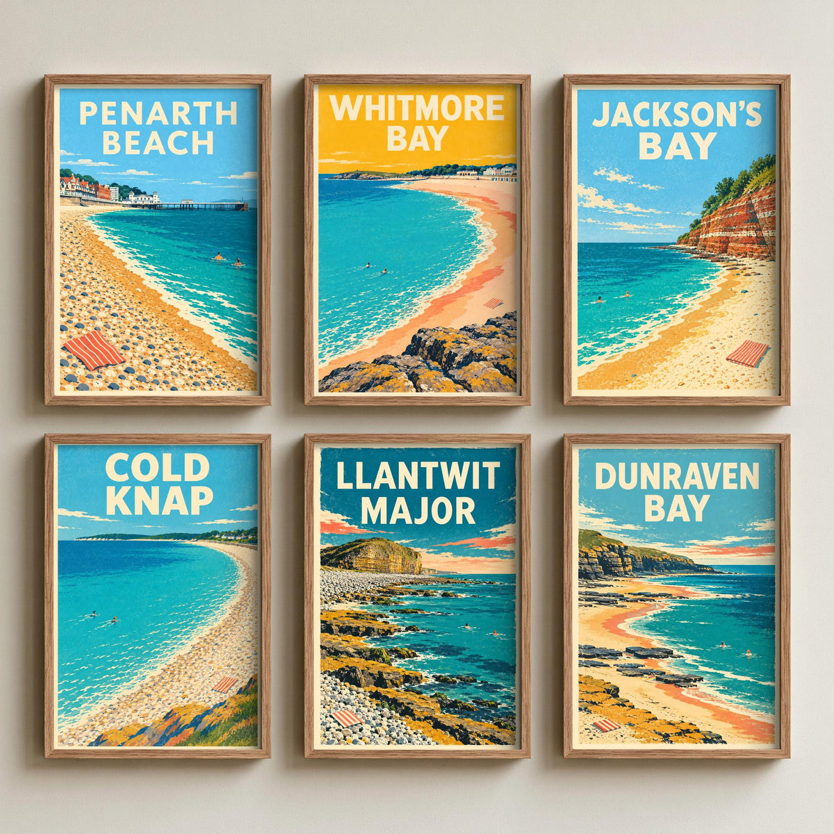 Set of Six Vale of Glamorgan Beach Art Prints - 6 Dappled Blue Retro Poster Illustrations - Penarth, Barry Island, Cold Knap, Llantwit