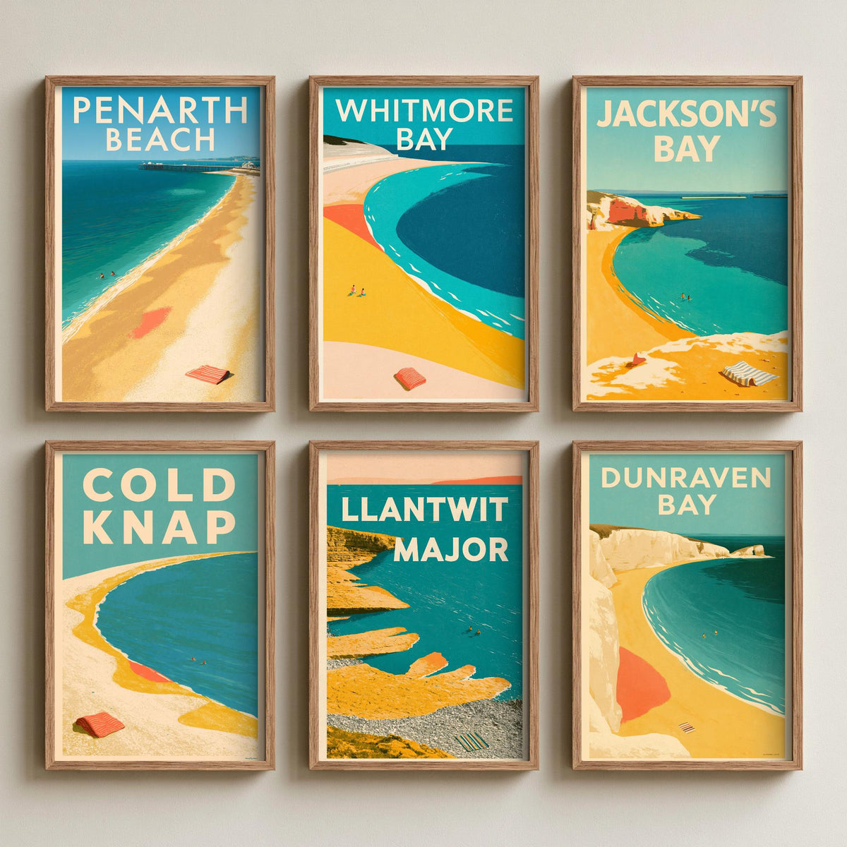 Set of Six South Wales Beach Art Prints - 6 Electric Blue Mid Century Poster Illustrations - Penarth, Whitmore Bay, Jackson's Bay, Cold Knap