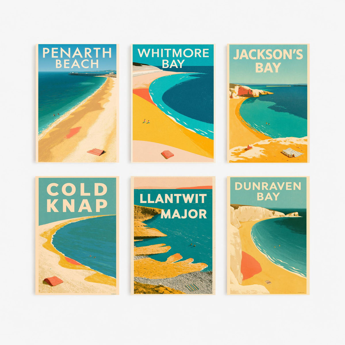 Set of Six South Wales Beach Art Prints - 6 Electric Blue Mid Century Poster Illustrations - Penarth, Whitmore Bay, Jackson's Bay, Cold Knap
