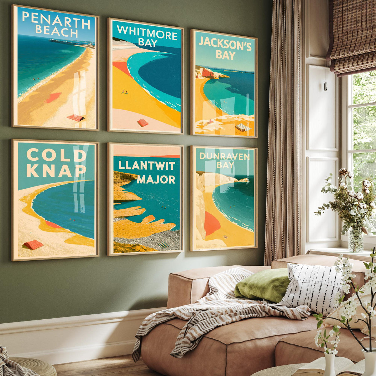 Set of Six South Wales Beach Art Prints - 6 Electric Blue Mid Century Poster Illustrations - Penarth, Whitmore Bay, Jackson's Bay, Cold Knap