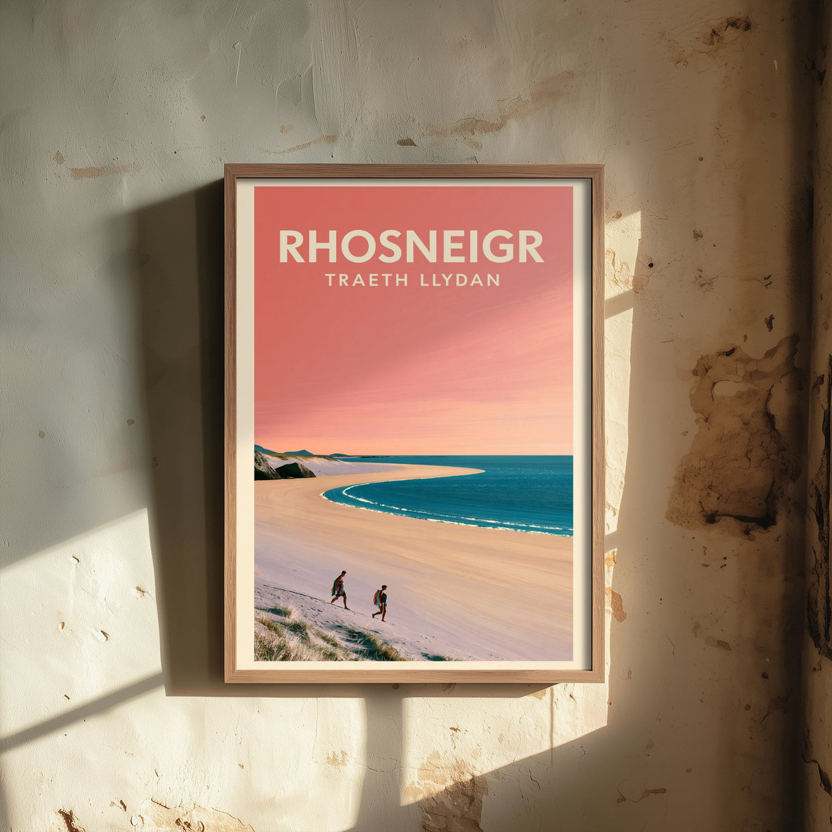 Rhosneigr, Traeth Llydan Travel Poster - Pink Summer Art Print - Coral Sky Coastal Illustration - Anglesey Dunes