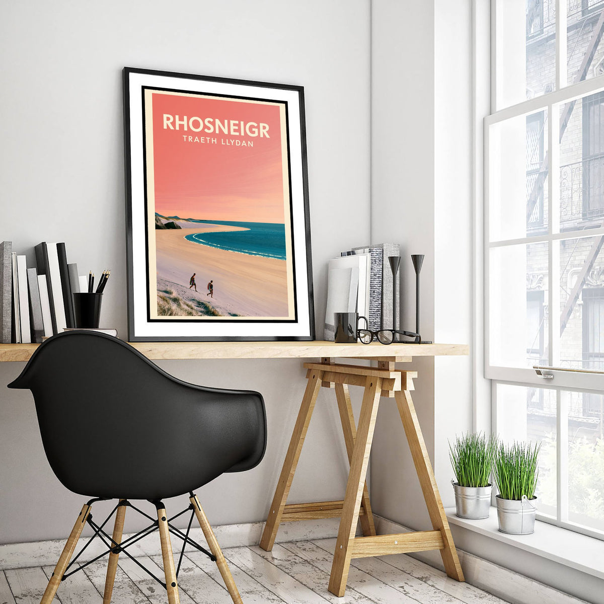 Rhosneigr, Traeth Llydan Travel Poster - Pink Summer Art Print - Coral Sky Coastal Illustration - Anglesey Dunes
