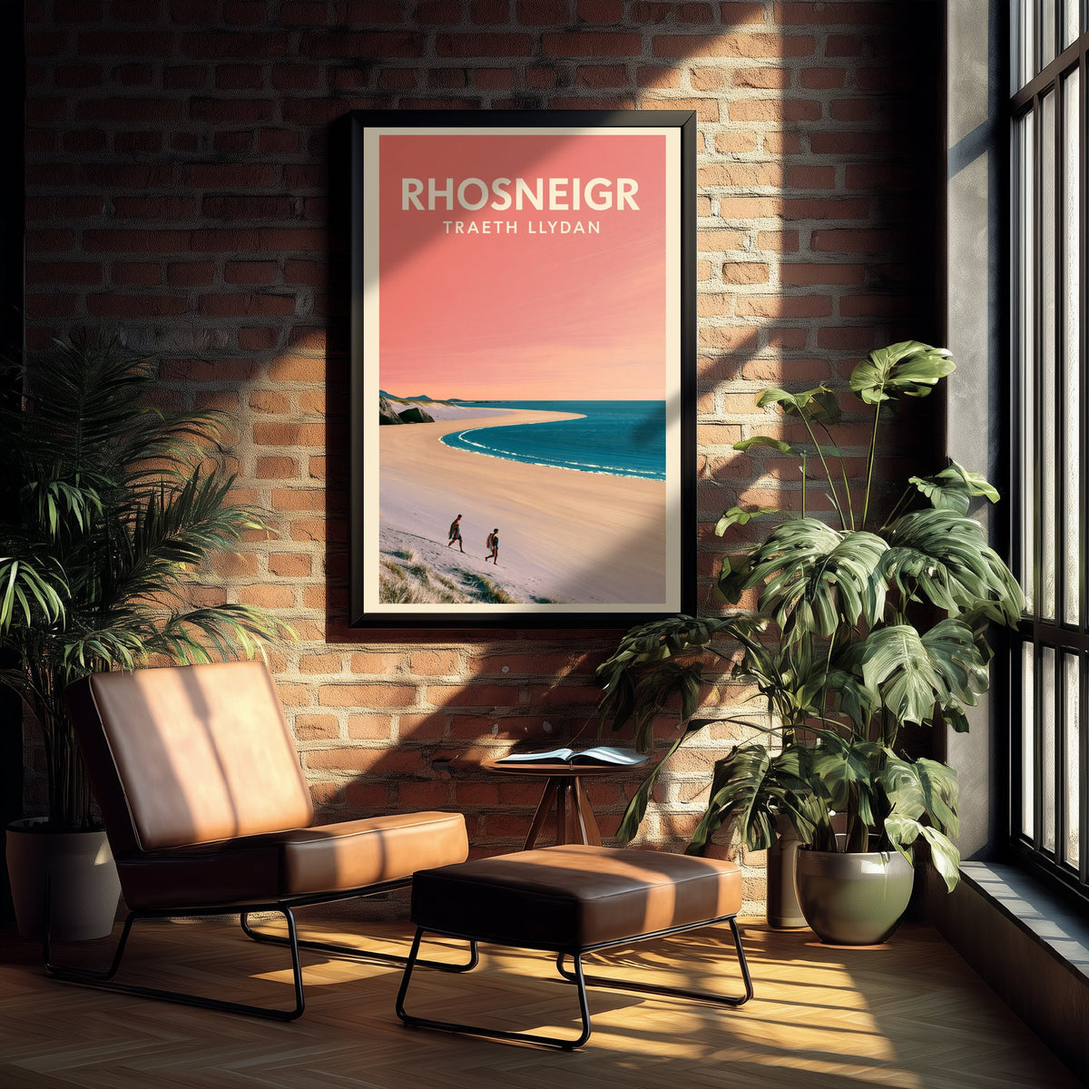 Rhosneigr, Traeth Llydan Travel Poster - Pink Summer Art Print - Coral Sky Coastal Illustration - Anglesey Dunes