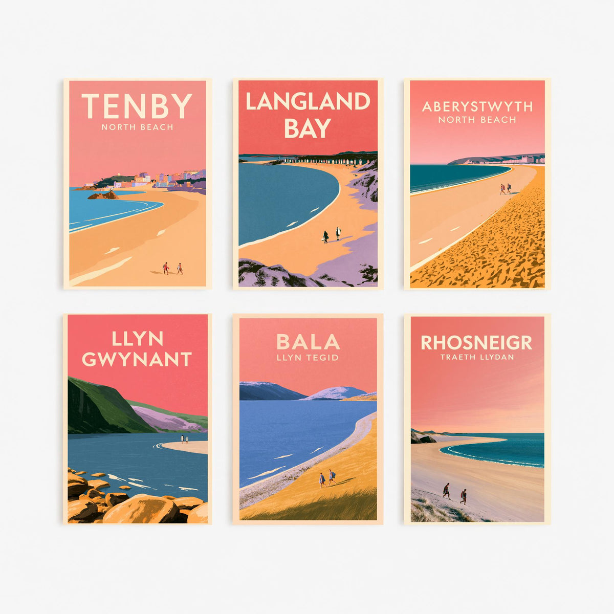 Set of Six Wales Beach and Lake Art Prints - 6 Pink Summer Poster Illustrations - Tenby, Langland Bay, Aberystwyth, Llyn Gwynant, Bala