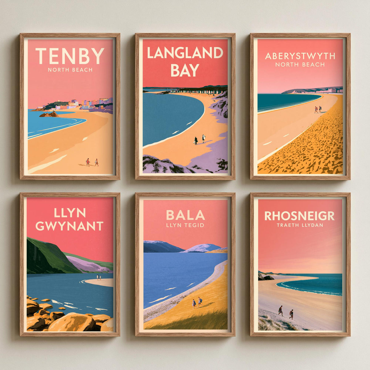 Set of Six Wales Beach and Lake Art Prints - 6 Pink Summer Poster Illustrations - Tenby, Langland Bay, Aberystwyth, Llyn Gwynant, Bala