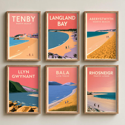 Set of Six Wales Beach and Lake Art Prints - 6 Pink Summer Poster Illustrations - Tenby, Langland Bay, Aberystwyth, Llyn Gwynant, Bala