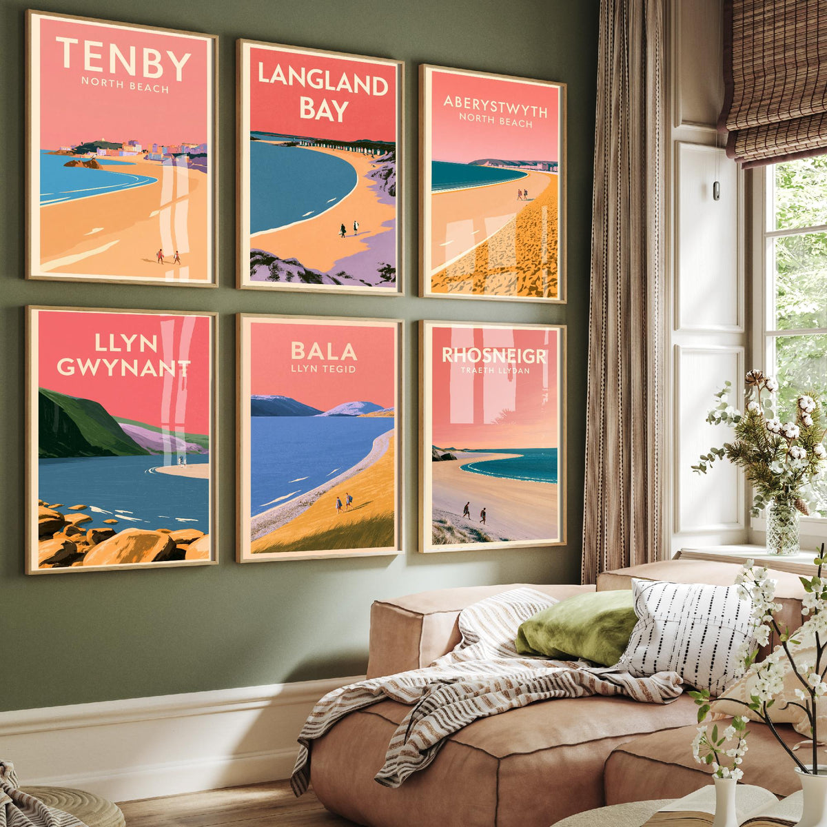Set of Six Wales Beach and Lake Art Prints - 6 Pink Summer Poster Illustrations - Tenby, Langland Bay, Aberystwyth, Llyn Gwynant, Bala