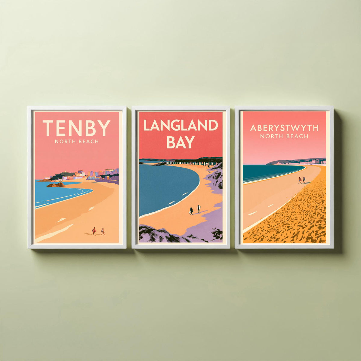 Tenby, Langland Bay and Aberystwyth Set of Three Art Prints - Pink Summer Welsh Beach Posters - Coral Sky Coastal Illustration V1