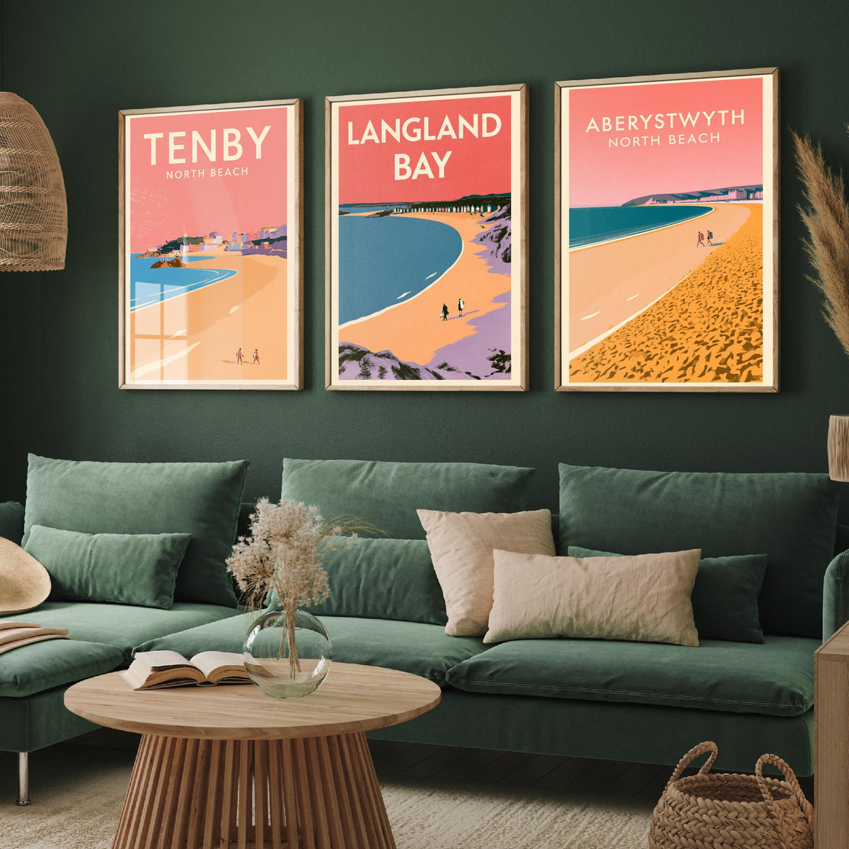 Tenby, Langland Bay and Aberystwyth Set of Three Art Prints - Pink Summer Welsh Beach Posters - Coral Sky Coastal Illustration V1
