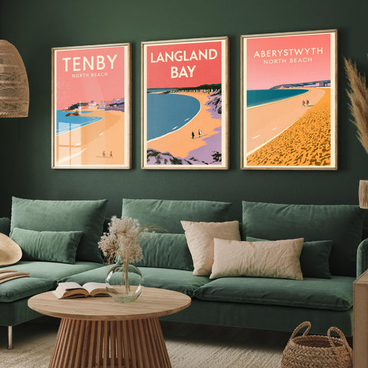 Tenby, Langland Bay and Aberystwyth Set of Three Art Prints - Pink Summer Welsh Beach Posters - Coral Sky Coastal Illustration V1