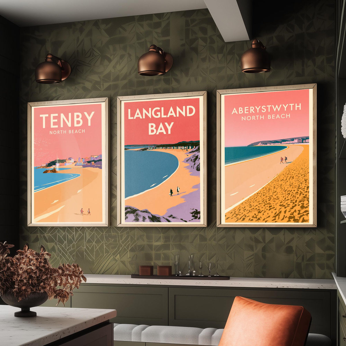 Tenby, Langland Bay and Aberystwyth Set of Three Art Prints - Pink Summer Welsh Beach Posters - Coral Sky Coastal Illustration V1