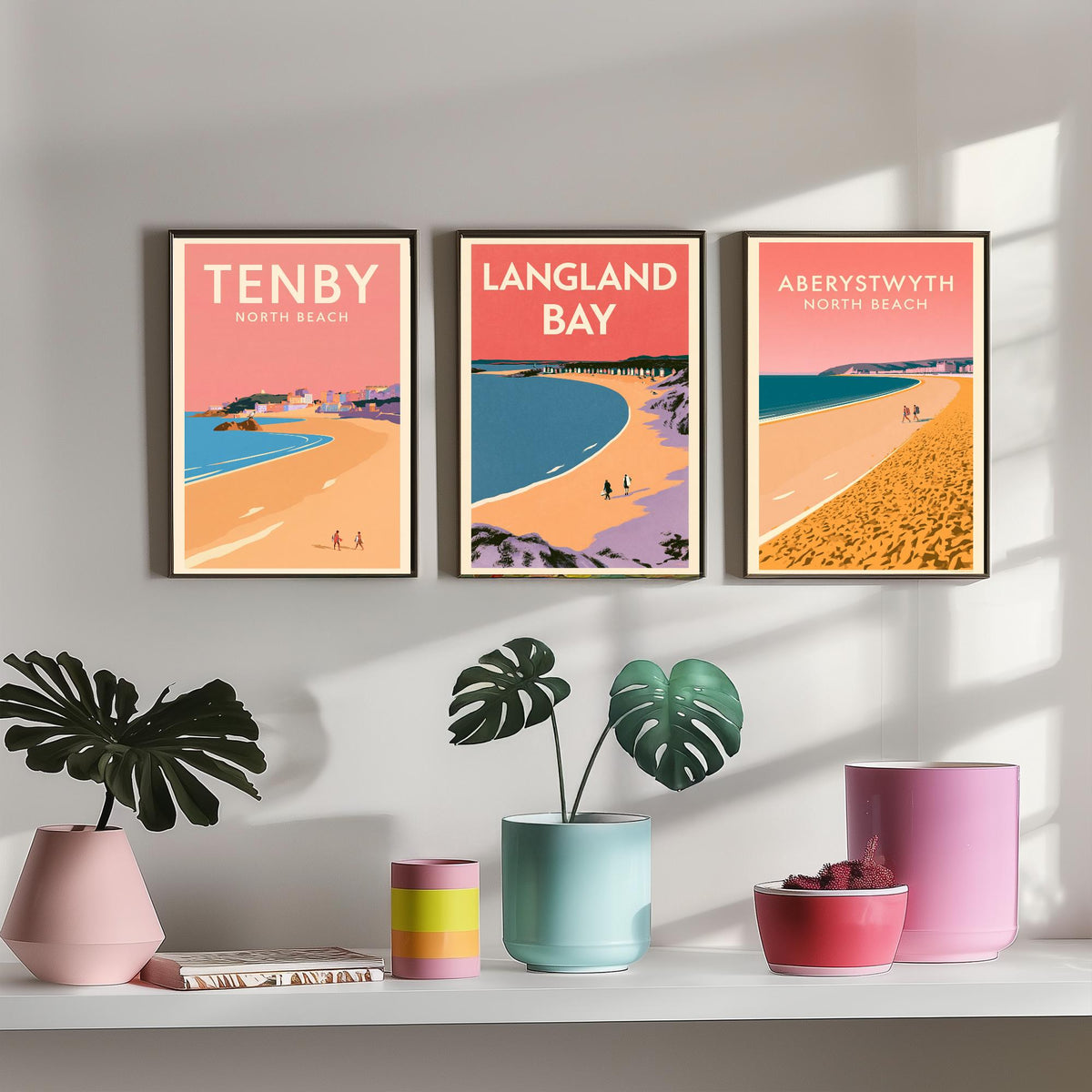 Tenby, Langland Bay and Aberystwyth Set of Three Art Prints - Pink Summer Welsh Beach Posters - Coral Sky Coastal Illustration V1