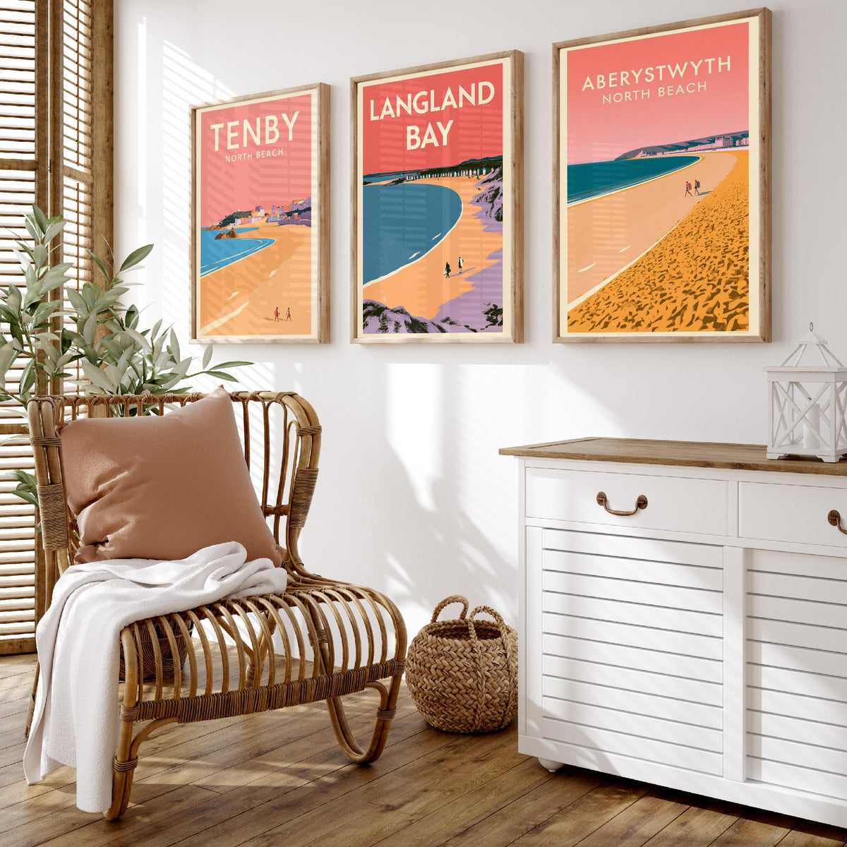 Tenby, Langland Bay and Aberystwyth Set of Three Art Prints - Pink Summer Welsh Beach Posters - Coral Sky Coastal Illustration V1