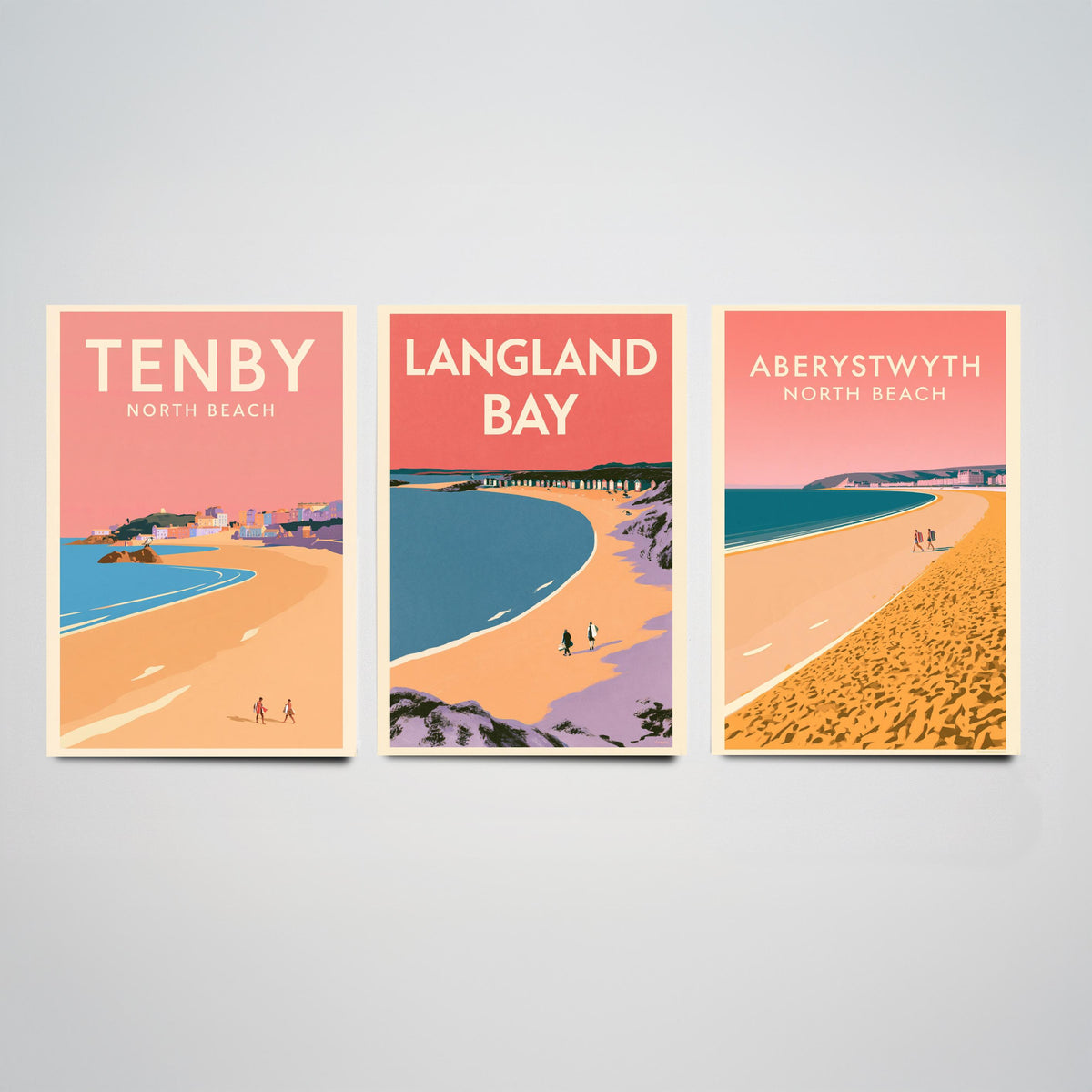 Tenby, Langland Bay and Aberystwyth Set of Three Art Prints - Pink Summer Welsh Beach Posters - Coral Sky Coastal Illustration V1