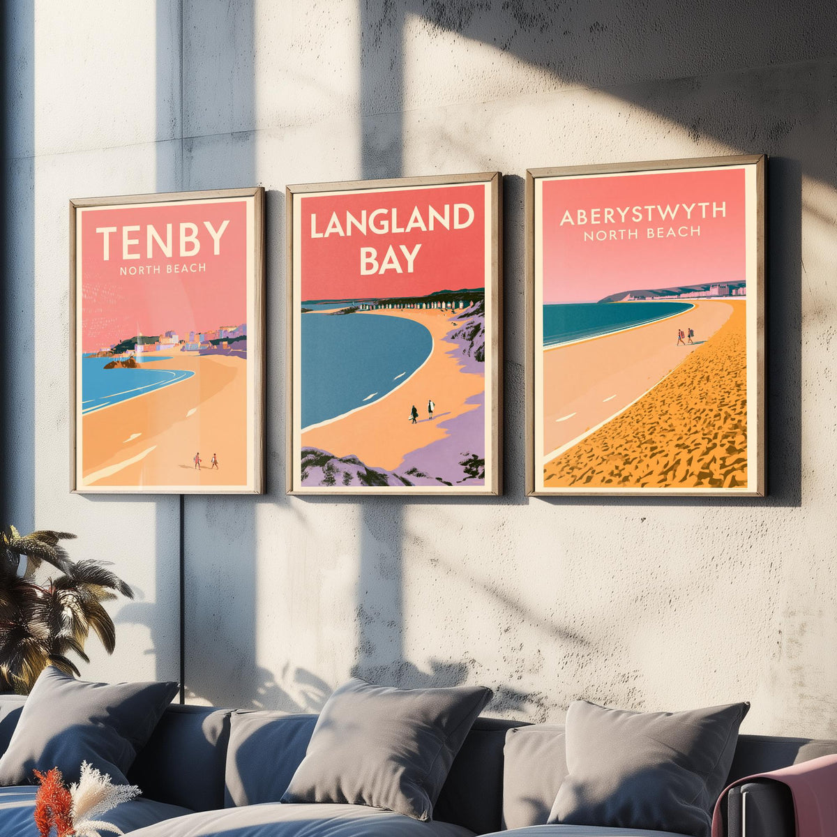Tenby, Langland Bay and Aberystwyth Set of Three Art Prints - Pink Summer Welsh Beach Posters - Coral Sky Coastal Illustration V1