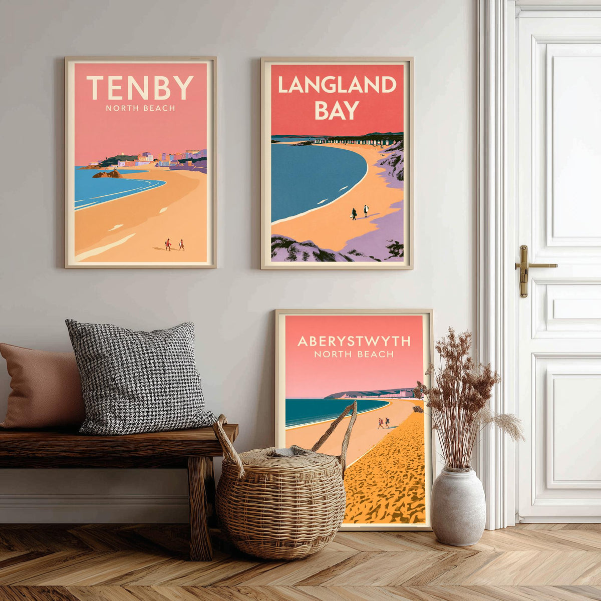Tenby, Langland Bay and Aberystwyth Set of Three Art Prints - Pink Summer Welsh Beach Posters - Coral Sky Coastal Illustration V1