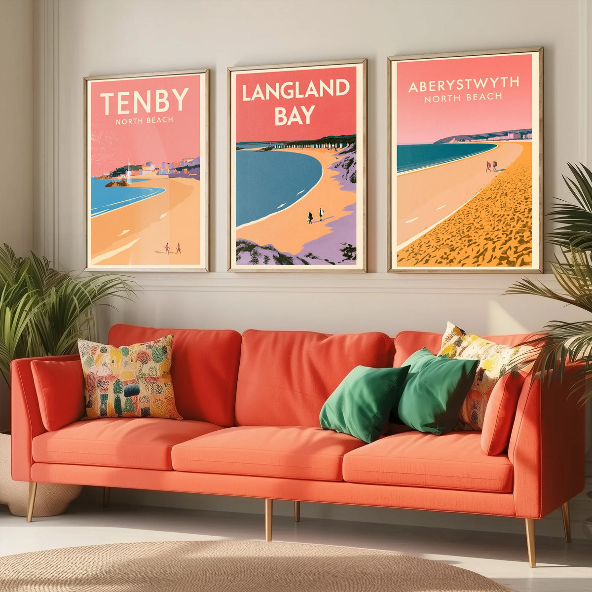Tenby, Langland Bay and Aberystwyth Set of Three Art Prints - Pink Summer Welsh Beach Posters - Coral Sky Coastal Illustration V1