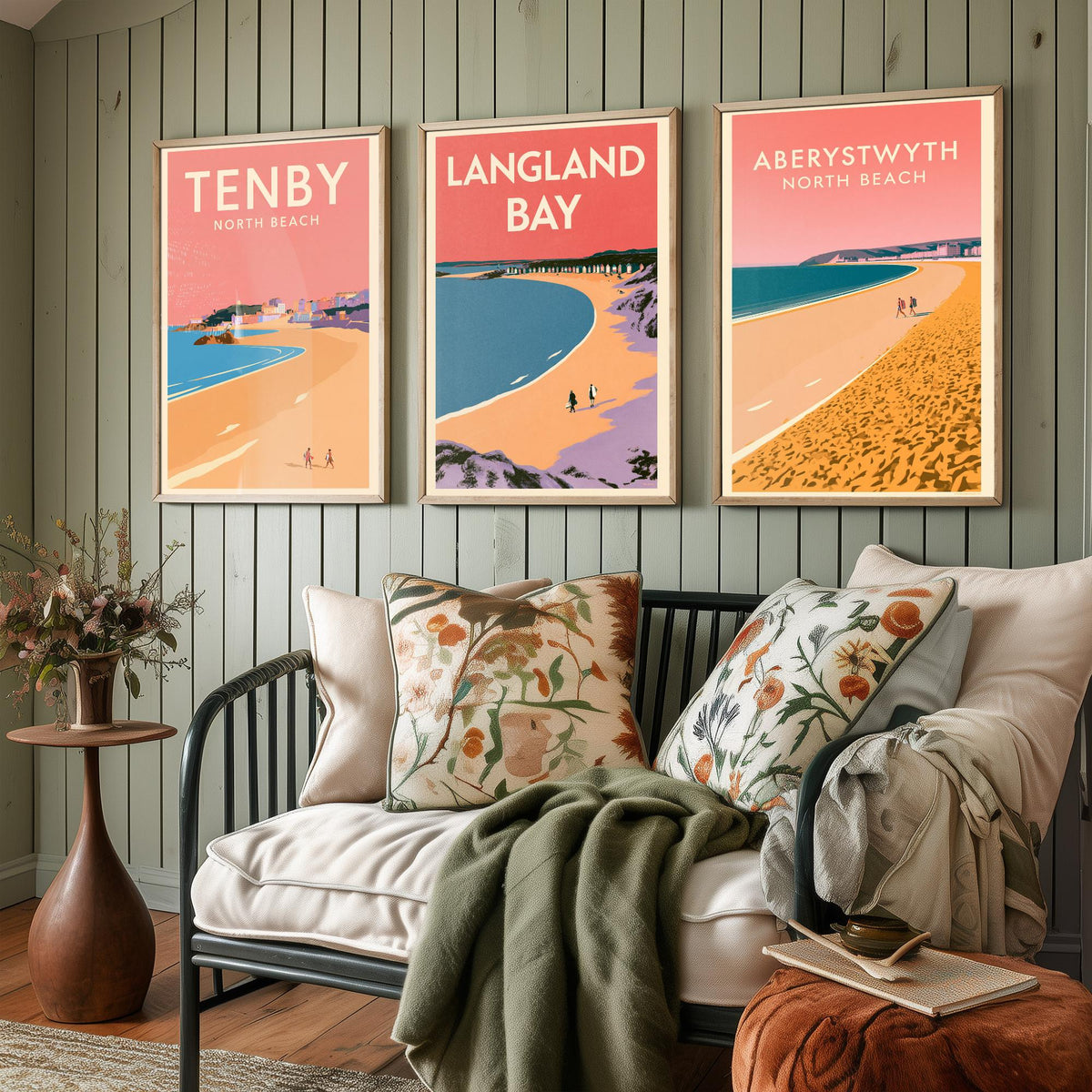 Tenby, Langland Bay and Aberystwyth Set of Three Art Prints - Pink Summer Welsh Beach Posters - Coral Sky Coastal Illustration V1