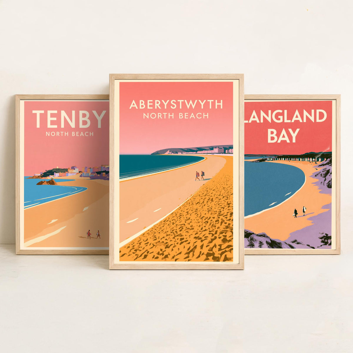Tenby, Langland Bay and Aberystwyth Set of Three Art Prints - Pink Summer Welsh Beach Posters - Coral Sky Coastal Illustration V1