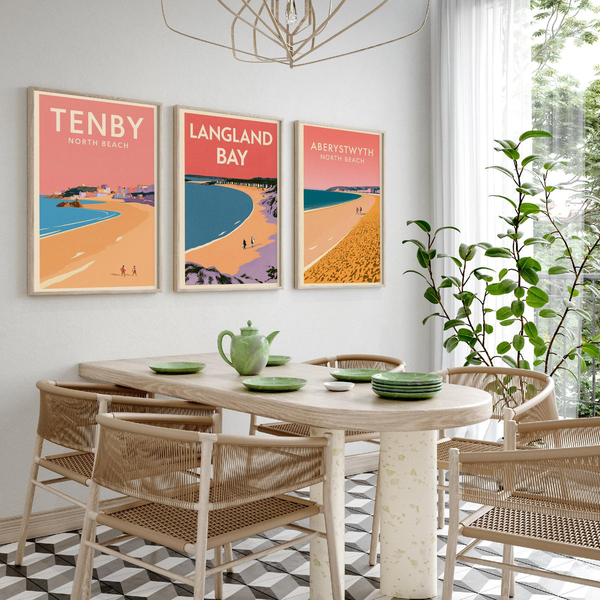 Tenby, Langland Bay and Aberystwyth Set of Three Art Prints - Pink Summer Welsh Beach Posters - Coral Sky Coastal Illustration V1