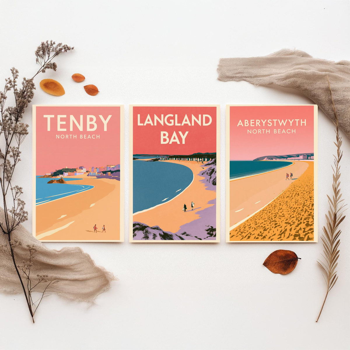 Tenby, Langland Bay and Aberystwyth Set of Three Art Prints - Pink Summer Welsh Beach Posters - Coral Sky Coastal Illustration V1