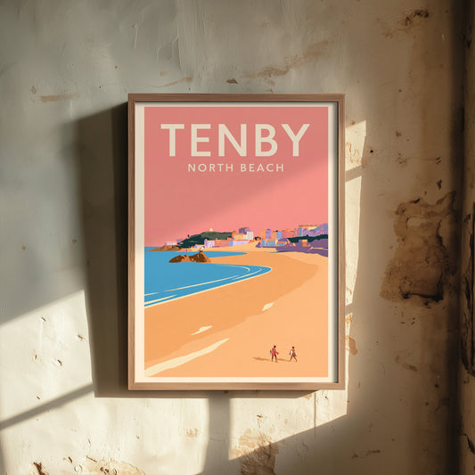 Tenby North Beach Travel Poster - Pink Summer Art Print - Coral Sky Coastal Illustration - Goscar Rock