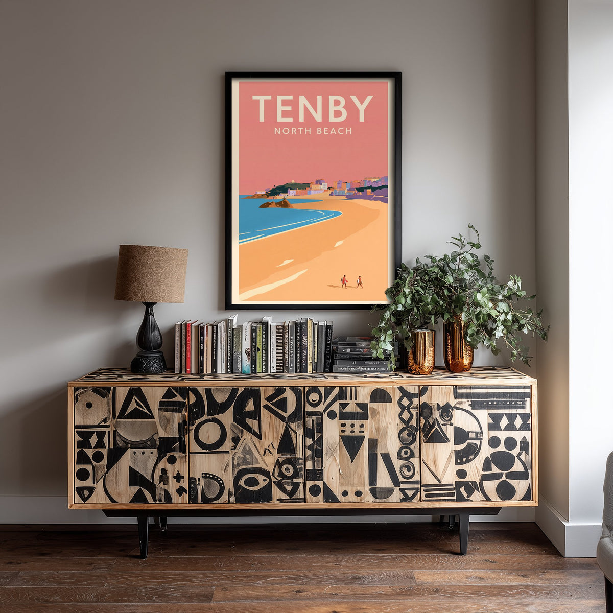 Tenby North Beach Travel Poster - Pink Summer Art Print - Coral Sky Coastal Illustration - Goscar Rock