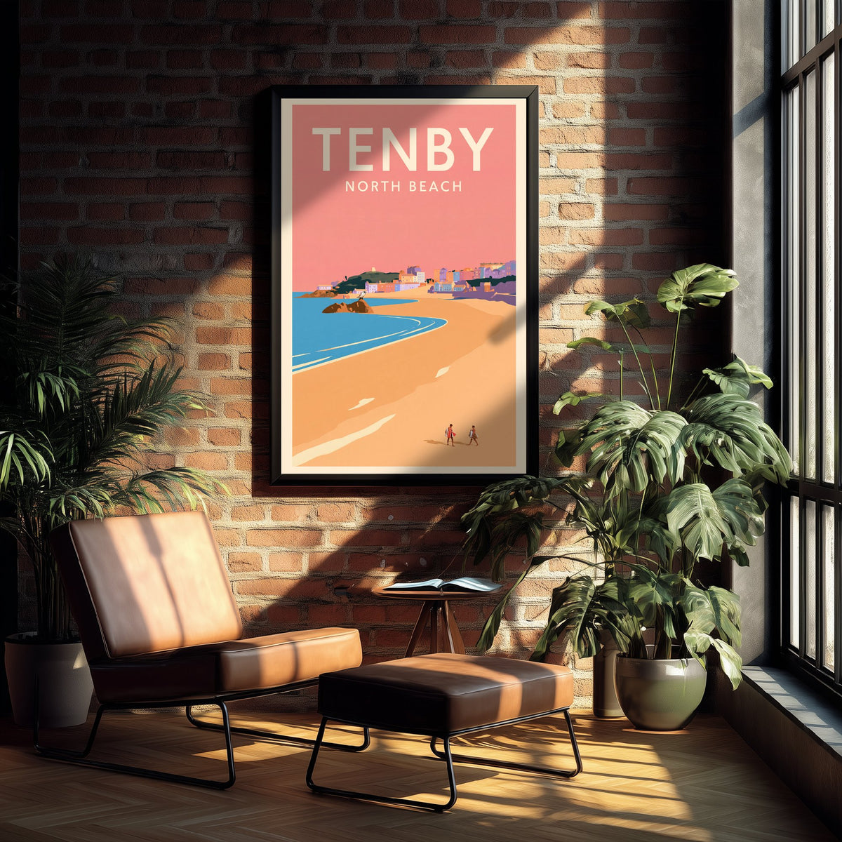 Tenby North Beach Travel Poster - Pink Summer Art Print - Coral Sky Coastal Illustration - Goscar Rock