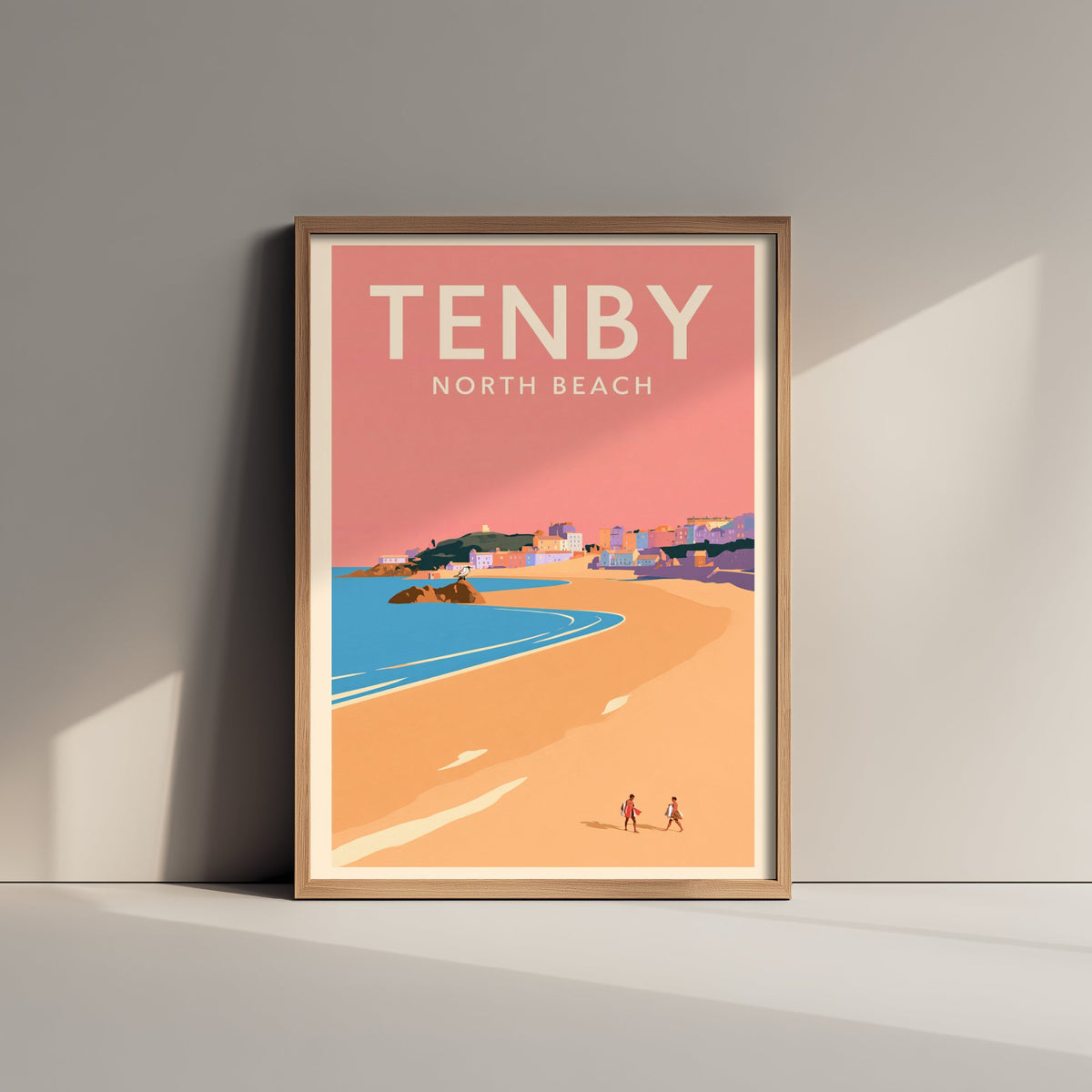 Tenby North Beach Travel Poster - Pink Summer Art Print - Coral Sky Coastal Illustration - Goscar Rock