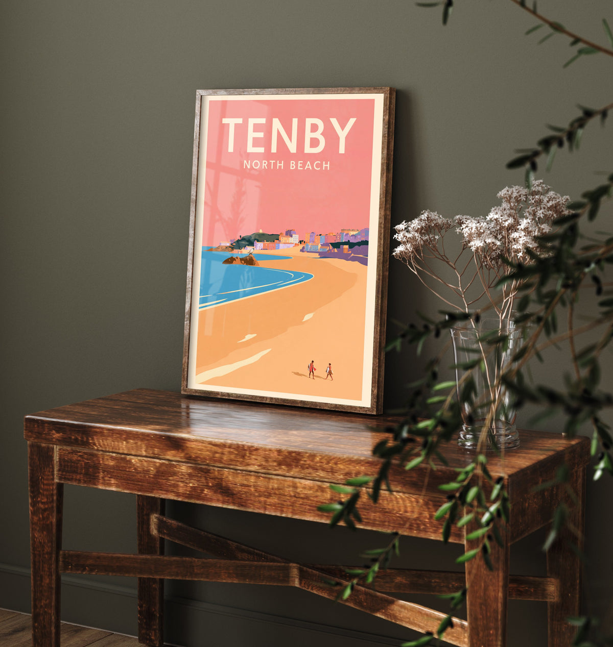 Tenby North Beach Travel Poster - Pink Summer Art Print - Coral Sky Coastal Illustration - Goscar Rock