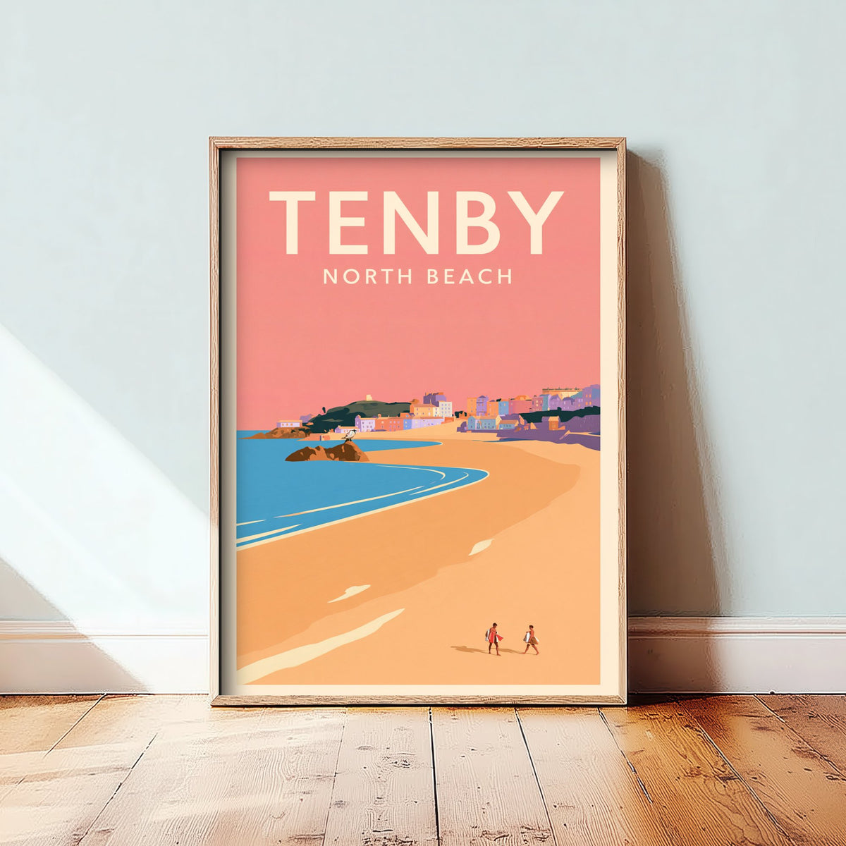 Tenby North Beach Travel Poster - Pink Summer Art Print - Coral Sky Coastal Illustration - Goscar Rock