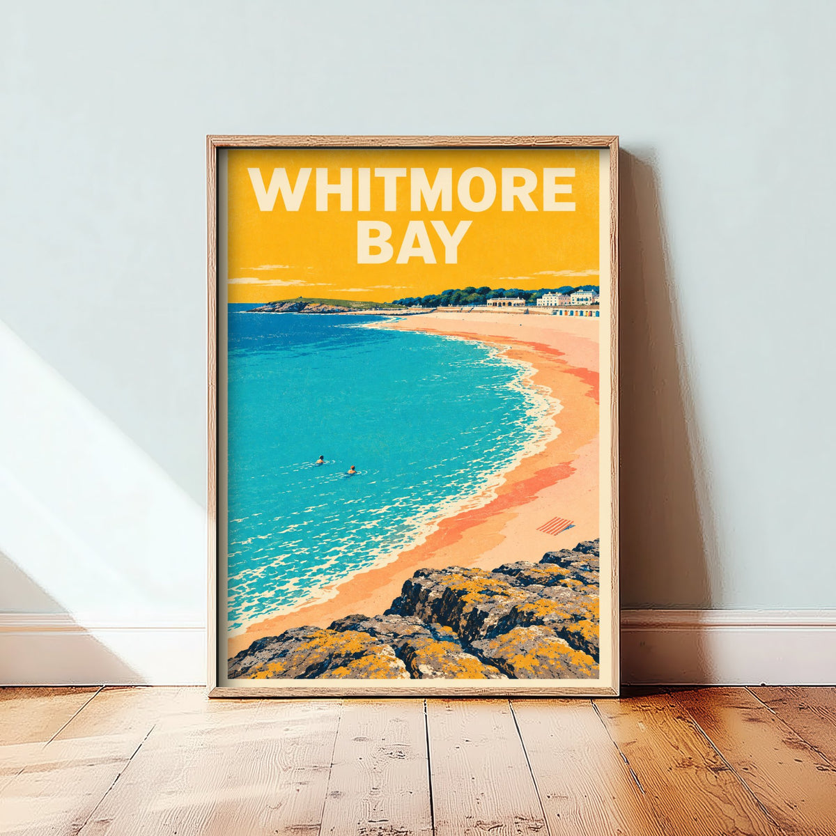 Whitmore Bay Travel Poster - Dappled Blue Art Print - Grainy Retro Seaside Illustration - Barry Island Sands