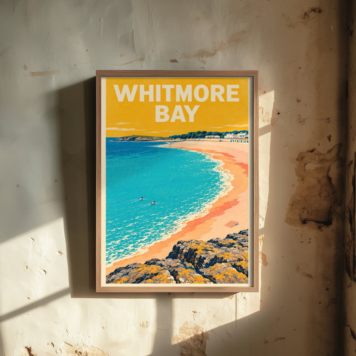 Whitmore Bay Travel Poster - Dappled Blue Art Print - Grainy Retro Seaside Illustration - Barry Island Sands