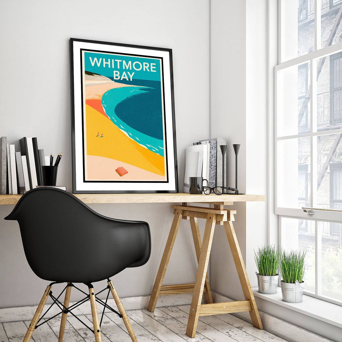 Whitmore Bay Travel Poster - Electric Blue Art Print - Mid Century Seaside Illustration - Barry Island Sands