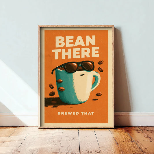Bean There Brewed That Art Print - Cool Coffee Cup Poster - Retro Halftone Coffee Illustration V1