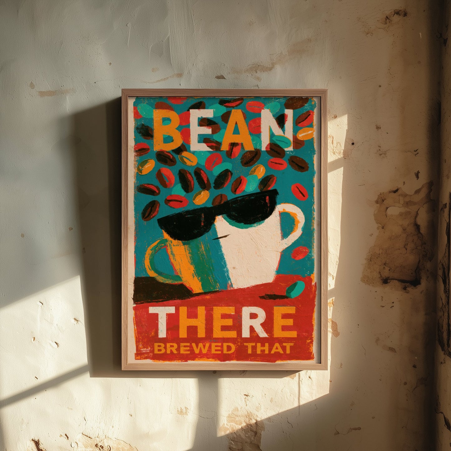 Bean There Brewed That Poster - Sunglasses Espresso Cup Painting Style Kitchen Wall Print V2