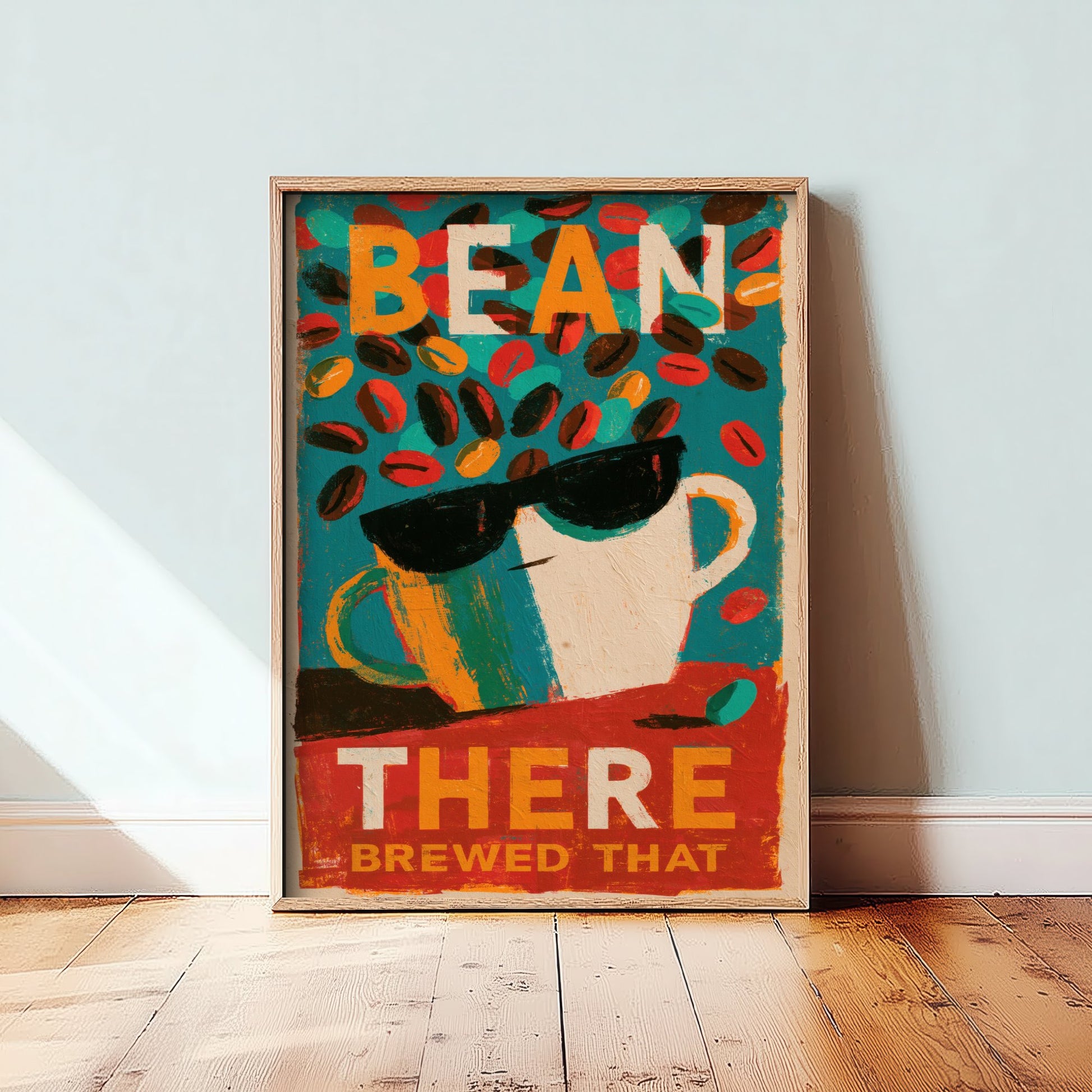 Bean There Brewed That Poster - Sunglasses Espresso Cup Painting Style Kitchen Wall Print V2