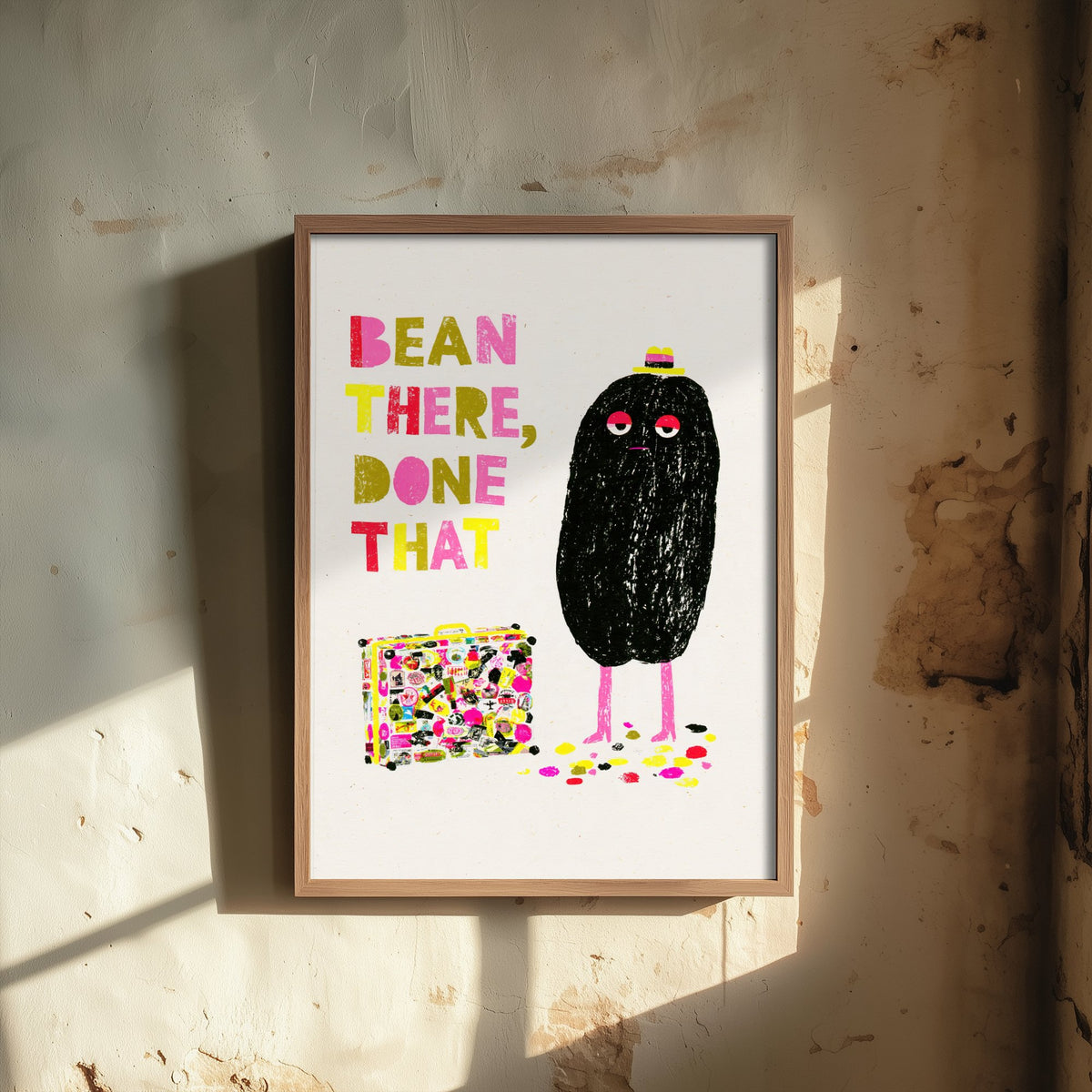 Bean There, Done That Art Print - Weary Coffee Bean Traveller Poster - Funny Kitchen Coffee Illustration