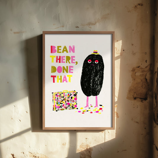 Bean There, Done That Art Print - Weary Coffee Bean Traveller Poster - Funny Kitchen Coffee Illustration