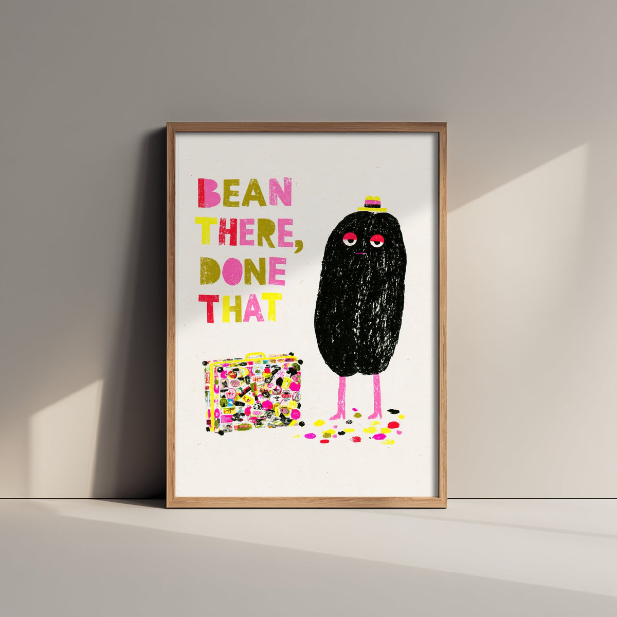 Bean There, Done That Art Print - Weary Coffee Bean Traveller Poster - Funny Kitchen Coffee Illustration