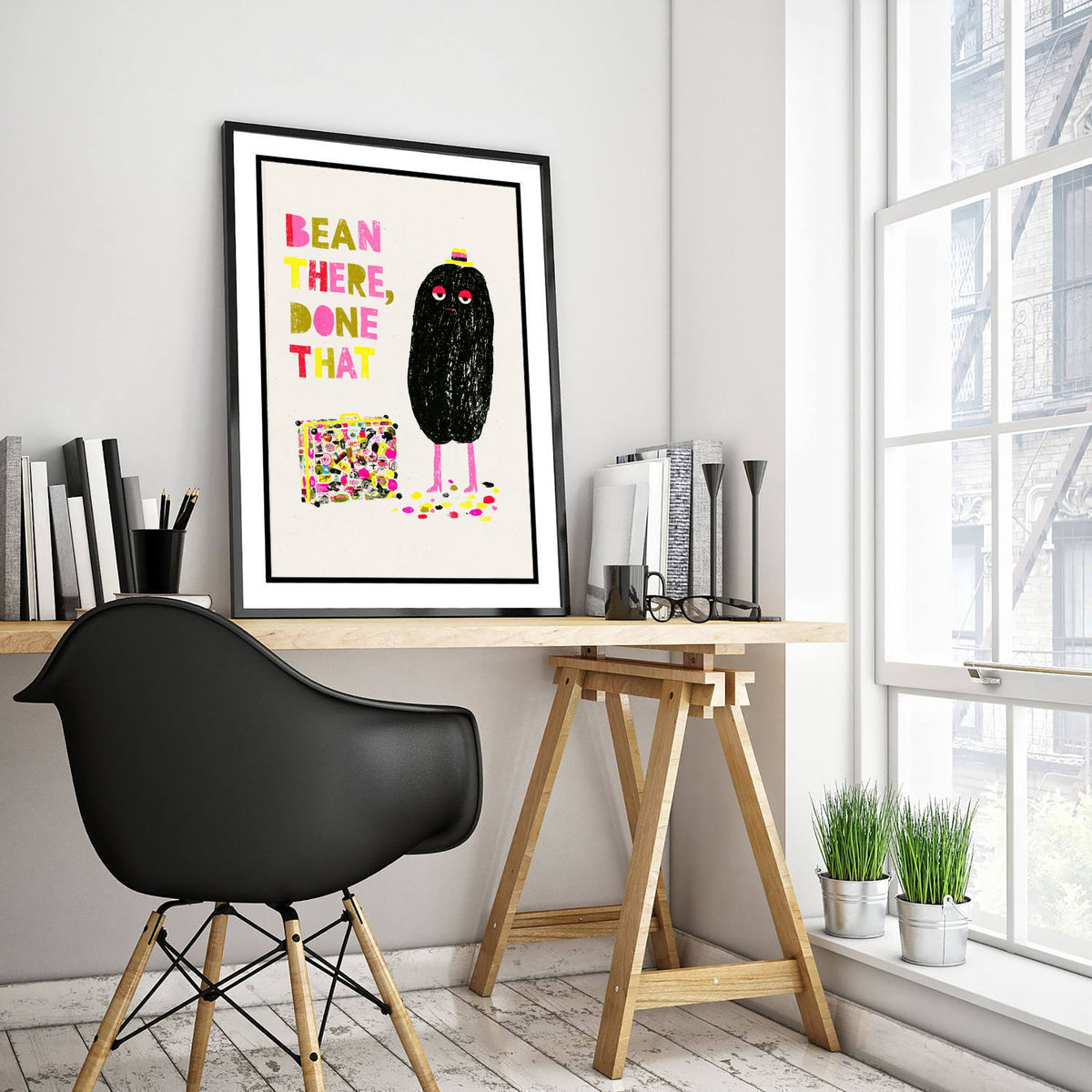 Bean There, Done That Art Print - Weary Coffee Bean Traveller Poster - Funny Kitchen Coffee Illustration