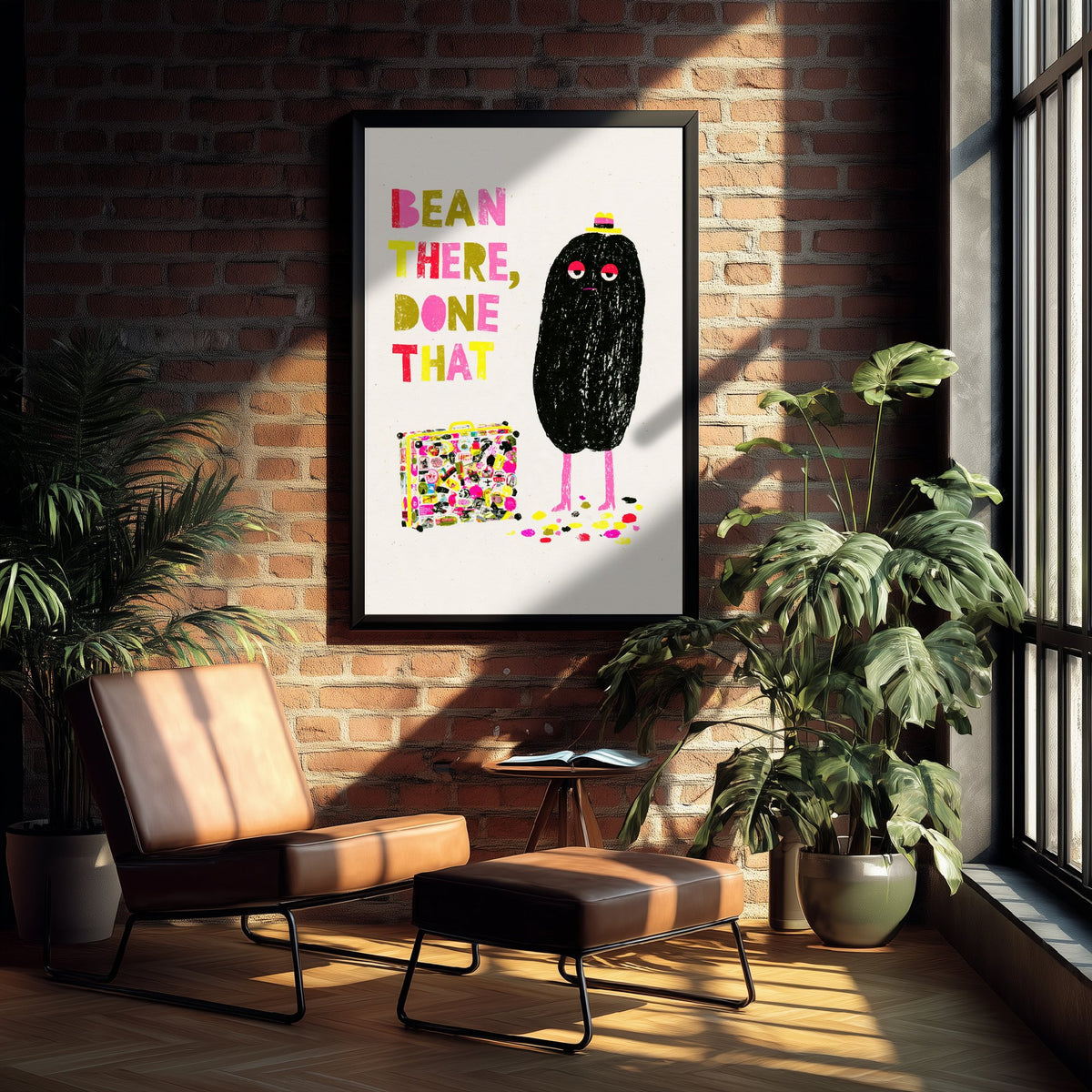 Bean There, Done That Art Print - Weary Coffee Bean Traveller Poster - Funny Kitchen Coffee Illustration