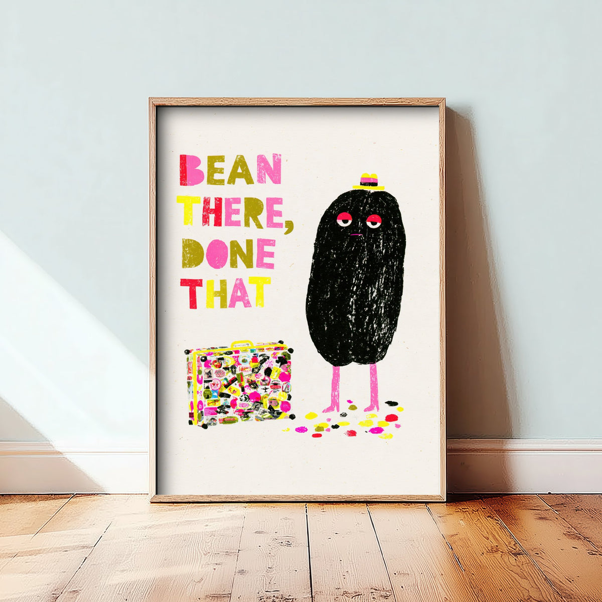 Bean There, Done That Art Print - Weary Coffee Bean Traveller Poster - Funny Kitchen Coffee Illustration