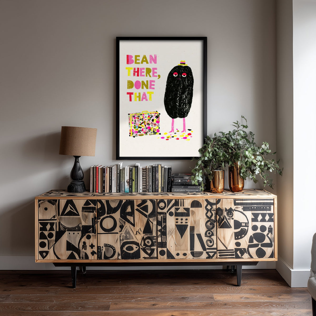 Bean There, Done That Art Print - Weary Coffee Bean Traveller Poster - Funny Kitchen Coffee Illustration