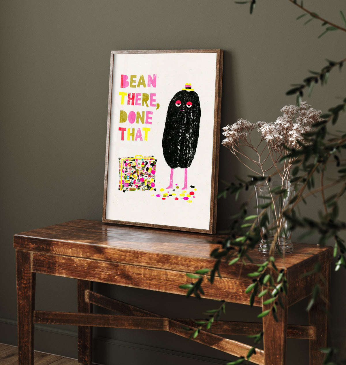Bean There, Done That Art Print - Weary Coffee Bean Traveller Poster - Funny Kitchen Coffee Illustration