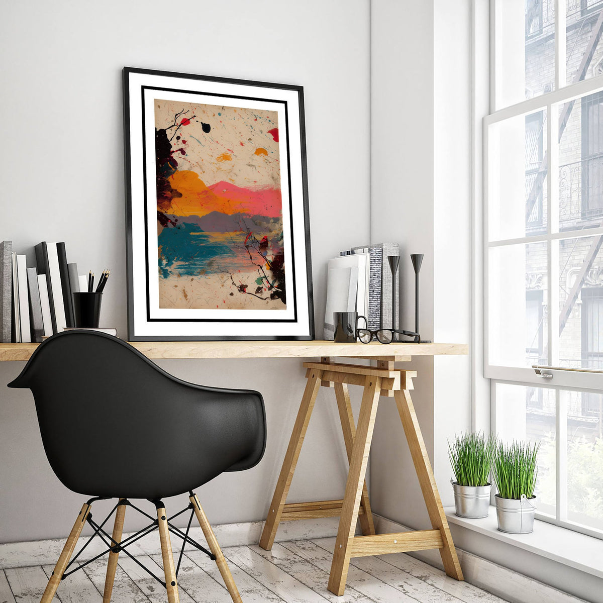 Abstract Splash Landscape Art Print - Sunset Sea Poster - Painterly Abstract Painting - Pink Orange Blue 2/3