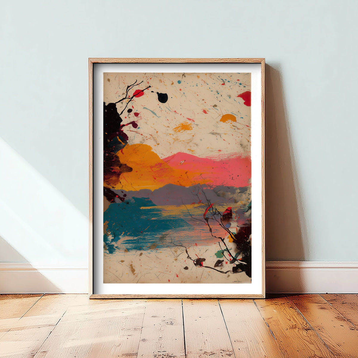 Abstract Splash Landscape Art Print - Sunset Sea Poster - Painterly Abstract Painting - Pink Orange Blue 2/3