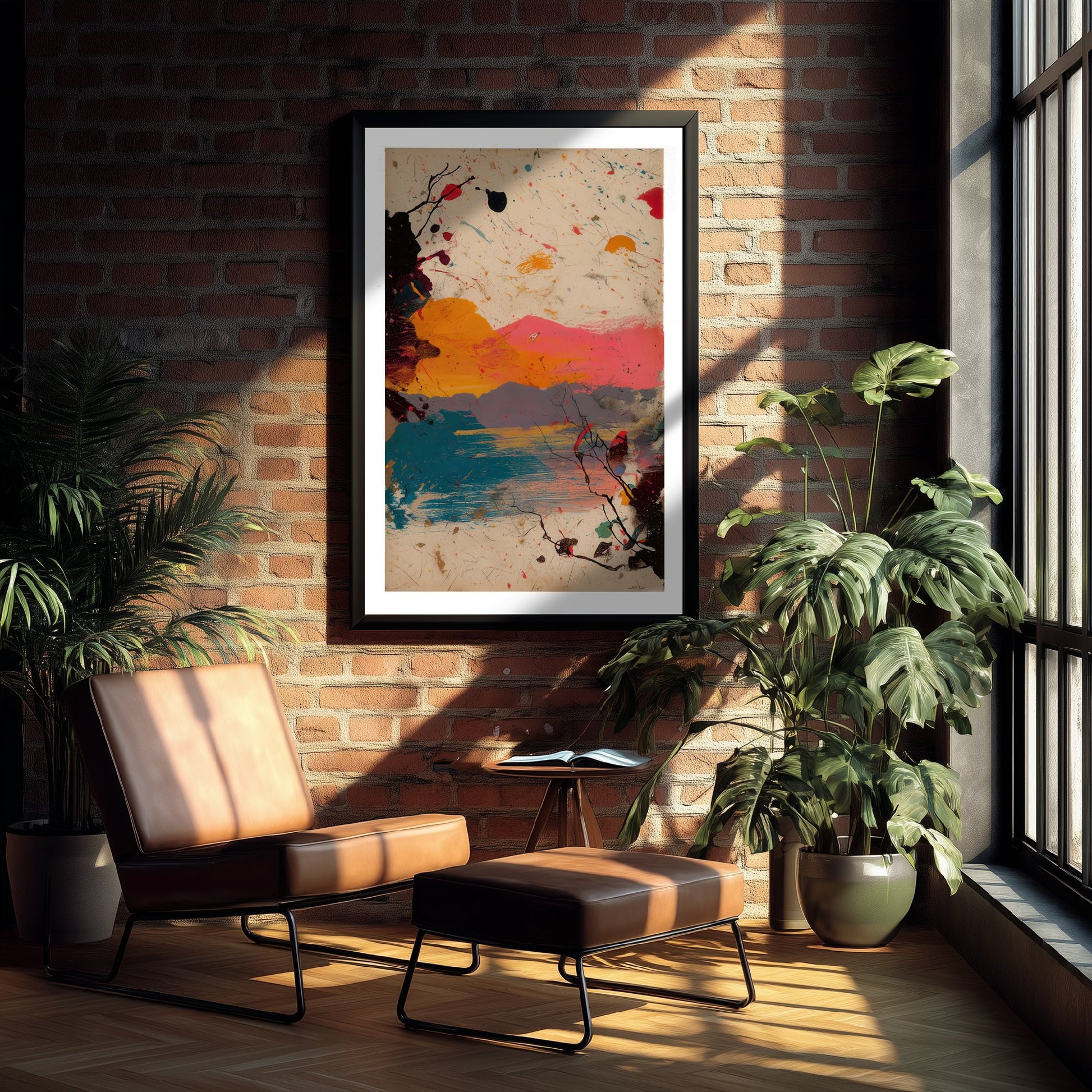 Abstract Splash Landscape Art Print - Sunset Sea Poster - Painterly Abstract Painting - Pink Orange Blue 2/3